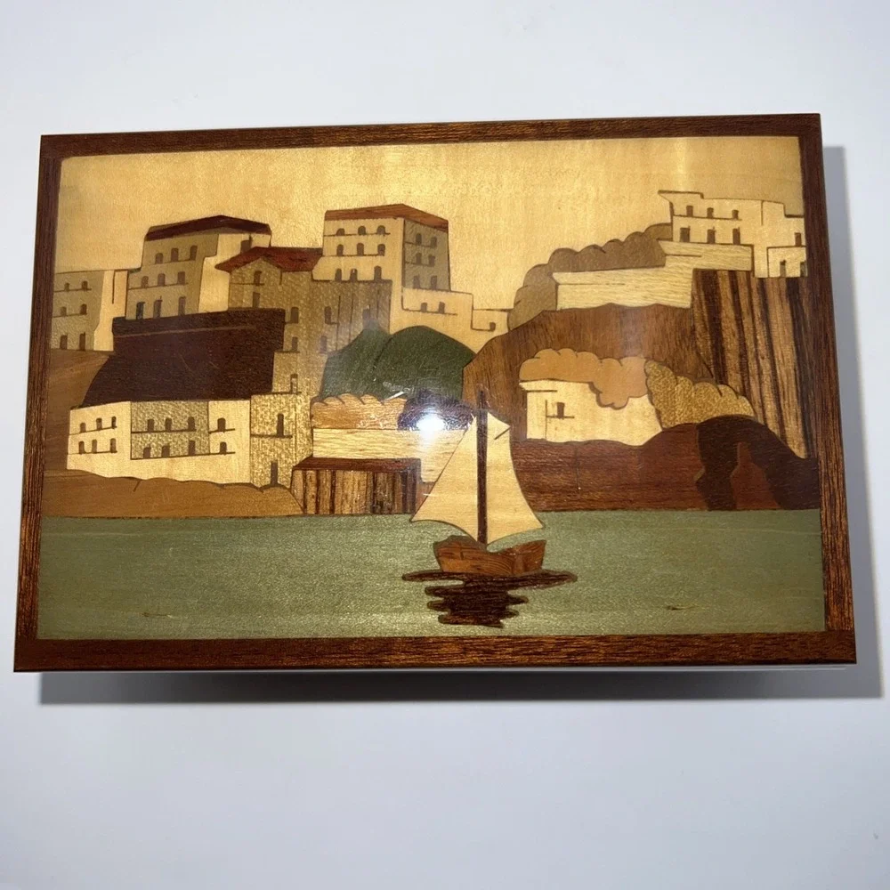 Vtg. Italian Sorrento Inlaid Wood Music Box Sailboat Coastal Scene Isle of Capri